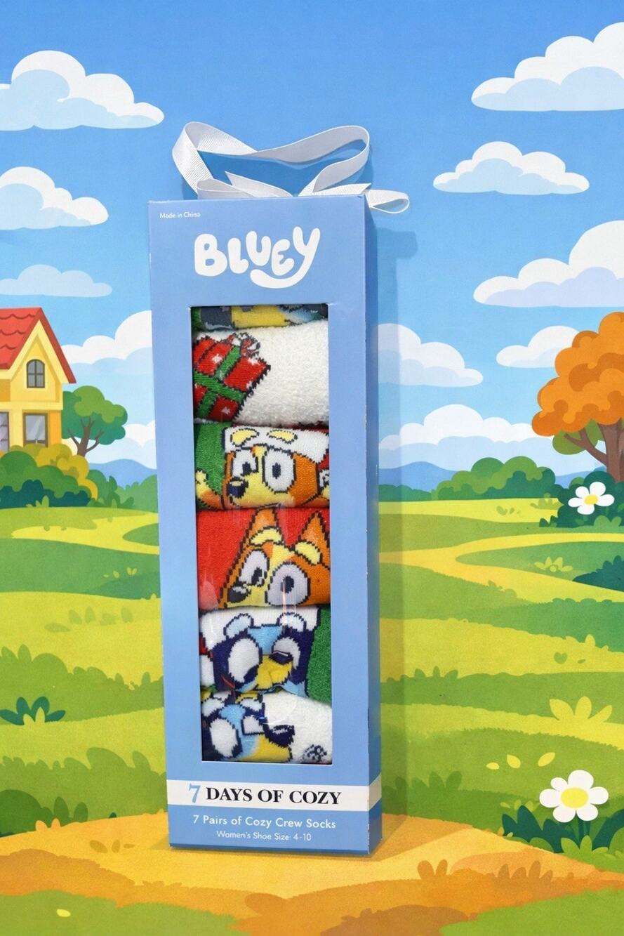 Bluey Cozy Crew Socks 7 Pairs Womens 4-10 Gift Box Soft Lounge Socks
